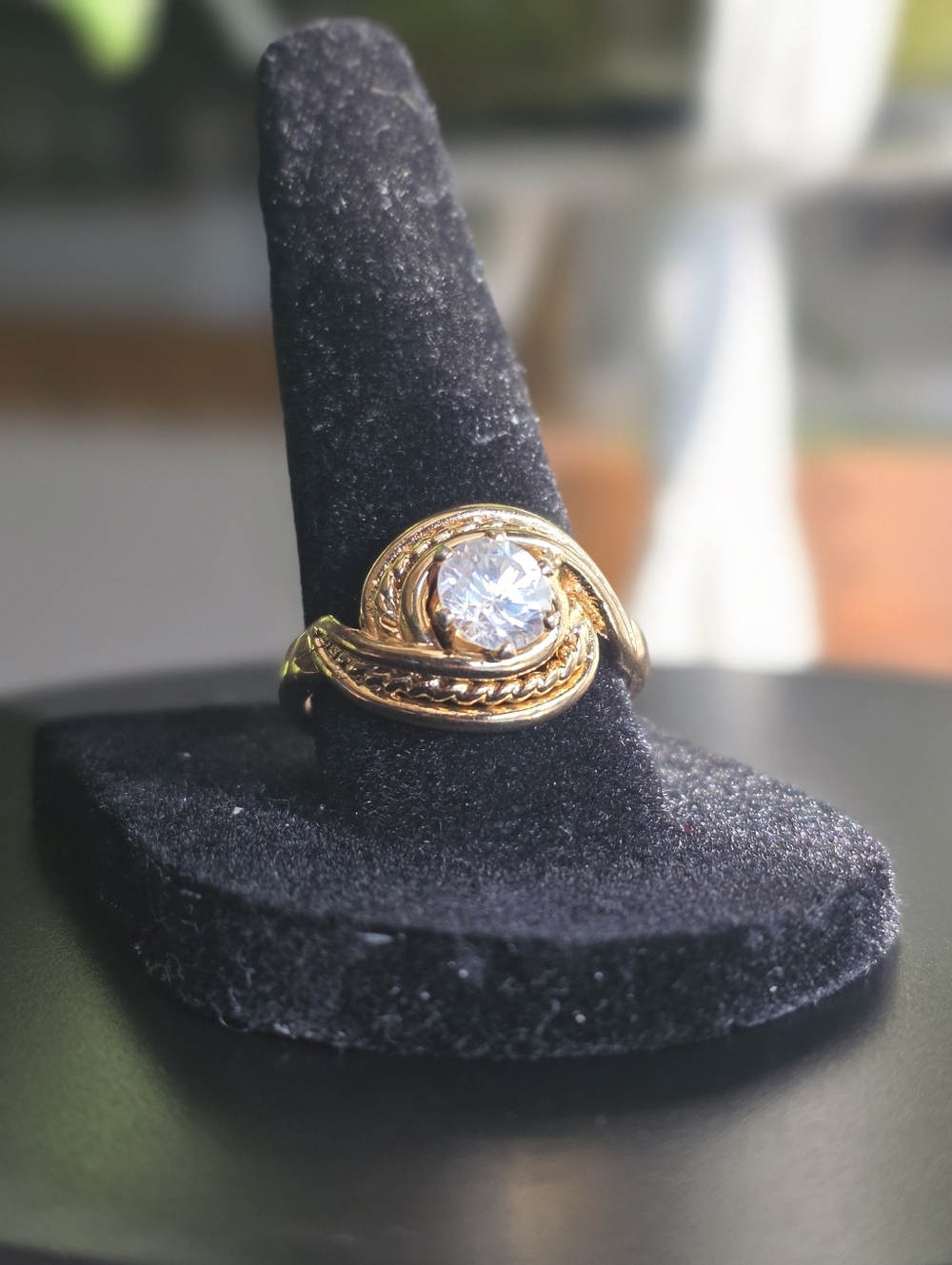 Gold Swirl Statement Ring Clear Stone Size 8.5